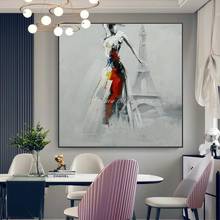 Mintura pintados à mão pintura a óleo abstrata moderna sobre tela menina e eiffel towe parede arte imagem para sala de estar decoração casa 2024 - compre barato