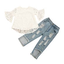 Conjunto de roupas de meninas 0-5 anos wallarena, conjunto de roupas fashion com manga flare de renda, camisa fofa e de bebê 2024 - compre barato