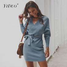 YiDuo-vestido de punto con cuello en V para mujer, ropa elegante con manga de murciélago, ahuecado, para fiesta, Otoño e Invierno 2024 - compra barato