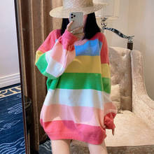 Pink Rainbow Sweater Women Long Loose Oversized Winter Tops Sweet Kawaii Girls New Korean Brand Designer Knit O-Neck Pullovers 2024 - buy cheap