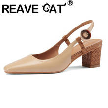 REAVE CAT 2021 Summer Concise Sandals Ankle-Wrap Pointed Toe Genuine Leather Slingbacks 5.3cm Square High Heel Big Size 33-41 2024 - buy cheap