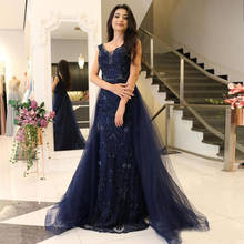 Navy Blue Mermaid Evening Dresses with Detachable Train Appliques Beaded Crystal Tulle Overskirt Formal Evening Gowns 2024 - buy cheap