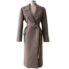 Chaqueta de lana con cinturón para mujer, abrigo largo con solapa, Estilo Vintage, Camel, Invierno 2024 - compra barato