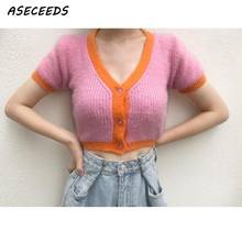 2019 kawaii pink crop cardigan women knitted sweaters korean sweet cropped sweater sexy v neck crop sweater Fall tops streetwear 2024 - buy cheap