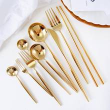 Conjunto de talheres de espelho dourado, conjunto de louças com alça redonda 304, aço inoxidável, colher, garfo, faca, hashi, cozinha 2024 - compre barato