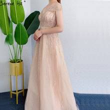 Serene Hill Gold A-Line V-Neck Evening Dresses 2020 Dubai Short Sleeves Beading Sexy Party Wear Dresses for Women BLA70532 2024 - купить недорого