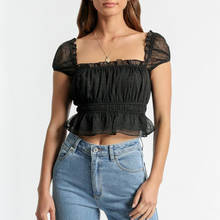 Summer Sexy Black Crop Top Frill Edged Square Neck Blouse Women Ruffle Hem Dot Flocking Crepe Casual Womens Tops And Blouses 2024 - buy cheap