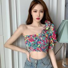 Summer Irregular Female Slim Short Tops Women Floral Print Blouse Tops Ruffled Chiffon Shirt 2024 - buy cheap