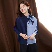 2020 outono três-ajustável camiseta plissada com miçangas manga comprida moda coreana botão de estética tops de flores 2024 - compre barato