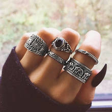 Clássico cor grande aço inoxidável boêmio anel conjunto totem redondo vintage feminino anéis com pedra preta bague anel anel 2024 - compre barato