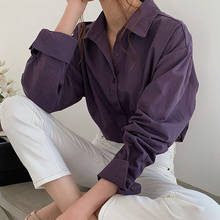 Blusa vintage feminina com gola virada, camisa grossa para outono e inverno, roupa de trabalho, camisas roxas 2021 2024 - compre barato