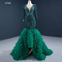 J67186-Vestidos de Cóctel de sirena verde Jancember para mujer, vestido Formal de manga larga con cuentas de cristales y cuello en V, Túnica escalonada de fiesta, 2020 2024 - compra barato