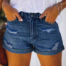 Shorts jeans reto de cintura alta de algodão, rasgado, com buraco, moda de rua, cor sólida, azul, casual, para mulheres, 2021 2024 - compre barato