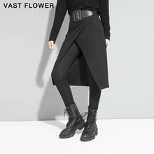 Calça falsa preta de duas peças feminina, saia de cintura elástica solta casual para mulheres, calças compridas da moda de rua, primavera e outono, 2021 2024 - compre barato