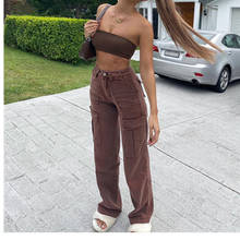 2022 Brown Vintage Baggy Jeans Women 90s Streetwear Pockets Wide Leg Cargo Pants Y2K High Waist Straight Denim Trousers 2024 - buy cheap