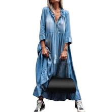 Hot Sale Women Vintage Dress Lace V Neck 3/4 Sleeve Large Hem Tassel Loose Maxi Denim Dress Plus Size 3XL 2021 Newest Casual 2024 - buy cheap