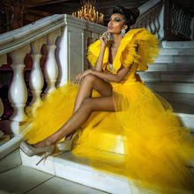 Amarelo brilhante tule vestido de baile beleza v pescoço festa vestido de noite exuberante vestidos de fetsa design especial vestidos de baile árabe 2024 - compre barato