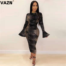 VAZN New Fashion 2020 Autumn Sexy Lady Black Serpentine Sheath Dress Flare Full Sleeve O-neck Dress Lady Party Vintage New Dress 2024 - buy cheap