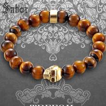 accessories Bracelet Strand with Skull & 8mm Tiger's Eye Beads New Blackened silver color Jewelry Punk Gift Men Women jewellery 2024 - buy cheap