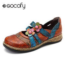 SOCOFY Vintage Floral Genuine Leather Splicing Colored Stitching Hook Loop Flat Shoes Spring Summer Casual Women Flat Shoes New 2024 - buy cheap