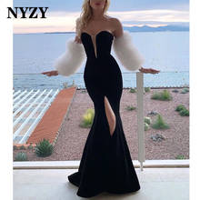 NYZY-Vestido largo de noche de terciopelo, prenda de fiesta, graduación, blanco y negro, abertura alta, E368, 2021 2024 - compra barato