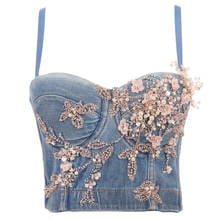 Autumn Cropped Sexy Slim Bra Corset Women Tops 2021 Denim Beading Flower Crop Top To Wear Out Nightclub Ropa Mujer Camis DB1034 2024 - buy cheap