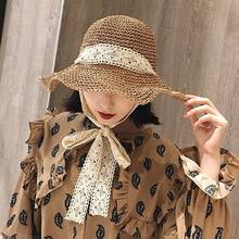 Chapéu de palha feminino de verão, fita de laço, circunferência de cabeça ajustável, dobrável, chapéus de sol, aba larga, boné de praia para mulheres 2024 - compre barato
