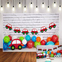 Mehofond-fondo fotográfico de pared de ladrillo blanco, globo de coche rojo, decoración para fiesta de cumpleaños de bebé recién nacido, telón de fondo para estudio de sesión fotográfica 2024 - compra barato