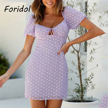 Mini vestido de verão feminino, vestido curto fofo de neve com bolinhas estampadas roxo, sensual, sem costas, laço, roupa estilo boho de praia 2024 - compre barato