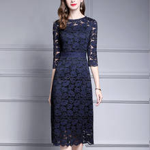 Весна-Лето Женское тонкое темно-синее кружевное открытое длинное платье, 2020 Женская одежда, элегантные 4xl платья для женщин 2024 - купить недорого