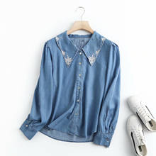 embroider denim shirt women streetwear spring soft jeans shirt long sleeves light blue casual loose shirt tops cotton 2024 - buy cheap
