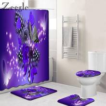 Zeegle Print Flower Shower Curtain 4 Piece Carpet Cover Toilet Cover Bath Mat Pad Set Washable Bath Mat Bath Curtain with Hooks 2024 - buy cheap