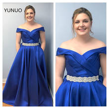 YUNUO A-line Off Shoulder Prom Evening Dresses Satin Royal Blue Long Formal Gowns With Pockets Robe De Soiree Crystal Belt 2024 - buy cheap