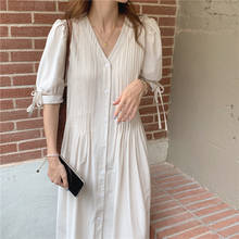 Vintage Summer Long Dress Womens Pleated Design V-Neck Loose 2021 Solid Short Sleeve Dresses Female Casual Breasted Sundresses 2024 - buy cheap