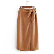 Stylish Knot Asymmetrical Leather Skirts Women Fashion Solid PU Skirt Elegant Ladies Mid Calf Skirts 2024 - buy cheap