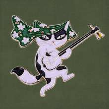 Bakeneko changed cat japanese folklore yokai enamel pin cute demon kitten monster walking and plays the shamisen brooch badge 2024 - buy cheap