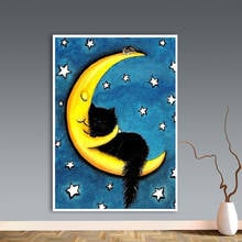 Pintura de lua bordada com miçangas, diy, gato preto, pintura de diamante, desenho animado, completo, redondo, mosaico de strass, imagens 2024 - compre barato