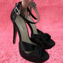 Sandálias de salto alto preto cetim, sexy, festa feminina, verão, novo, dedo aberto, tira de tornozelo, stiletto, plataforma de 14cm 2024 - compre barato