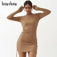 Hawthaw moda feminina outono manga longa, de malha listrada e resistente, mini vestido curto com pacote de quadril, outono 2020, roupas de rua 2024 - compre barato