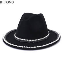 Sombrero Fedora de lana para mujer, sombrero de ala ancha y cálido estilo francés, hecho a mano, decoración de perlas, elegante, para invierno, Jazz, boda 2024 - compra barato