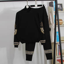 Conjunto de agasalho de malha, moda feminina, preto, com malha, blusa bordada, calça lápis, traje feminino solto, casual, tricô, 2 peças 2024 - compre barato