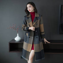 Abrigo de mezcla de lana para mujer, nueva moda de otoño, elegante abrigo de lana a cuadros, chaqueta de lana doble con cuello vuelto para mujer 2024 - compra barato