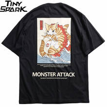 Мужская футболка в стиле хип-хоп, уличная футболка в японском стиле Харадзюку с монстрами и котом, летняя хлопковая футболка с коротким рукавом, 2020 2024 - купить недорого