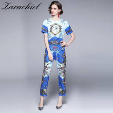 2021 Summer Fashion Cartoon Blue Floral Print Suit Women O Neck Short Sleeve TShirts Tops and Slim Long Pants 2 Pieces Set 2024 - buy cheap