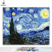 Pintura a óleo por números em tela, faça você mesmo com moldura imagens para colorir, desenho para casa, noite estrelada, van gogh 2024 - compre barato