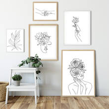 Arte de parede para desenho minimalista, moda simples, poster feminino, faixa de flor, folha, corpo, pintura em tela preta e branca 2024 - compre barato
