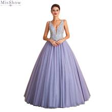 Lilac Tulle Long Evening Dress 2019 V Neck Sleeveless Evening Gown Sexy Lace Applique Backless Formal Party Dress 2024 - buy cheap