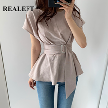 REALEFT Summer 2021 New Ruffles White Women's Blouse with Belted O-Neck Casual Female Blouse Chic Tops Workwear Shirts Lady 2024 - buy cheap