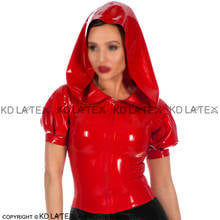 Red Sexy Latex Blouse With Hoodies Zipper At Front Puff Short Sleeves Rubber Shirt Top Clothing YF-0181 2024 - buy cheap