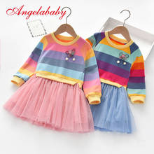 Spring and Autumn girls long sleeve dress striped mesh princess dresses for kids casual rainbow  children clothes 2024 - купить недорого